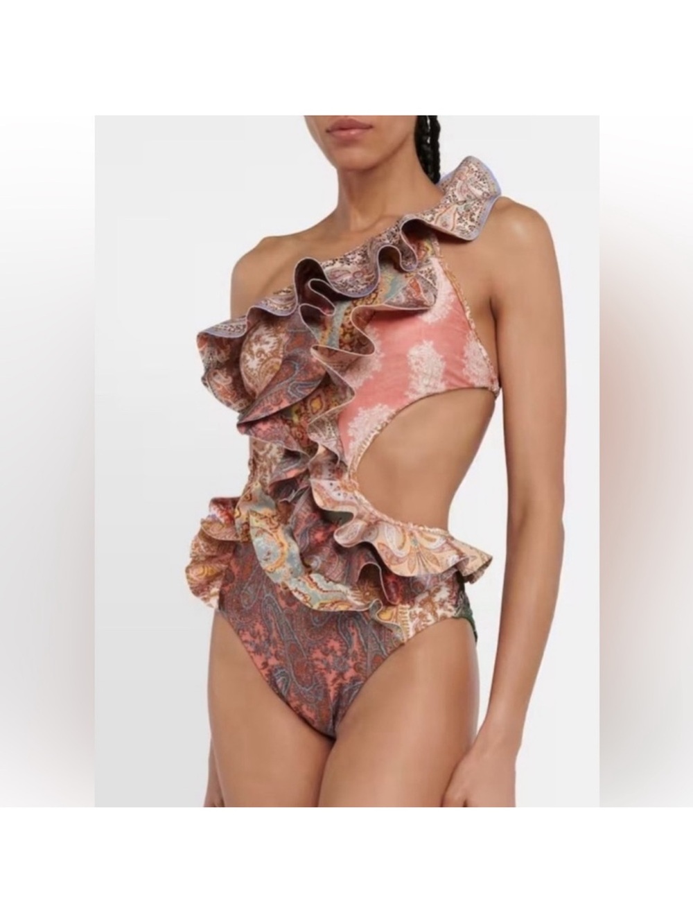 Zimmermann One-Shoulder Ruffle Paisley Swimsuit in Coral and Multi